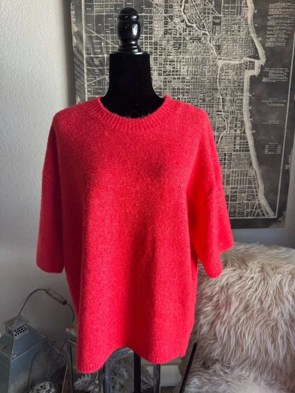 Size S - Free People Bright Orange-y Red Oversized Crew Neck Sweater w/Elbow Len